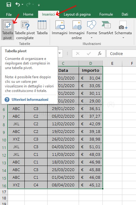 Figura 2 – Selezione panello e icona per Creazione tabella Pivot